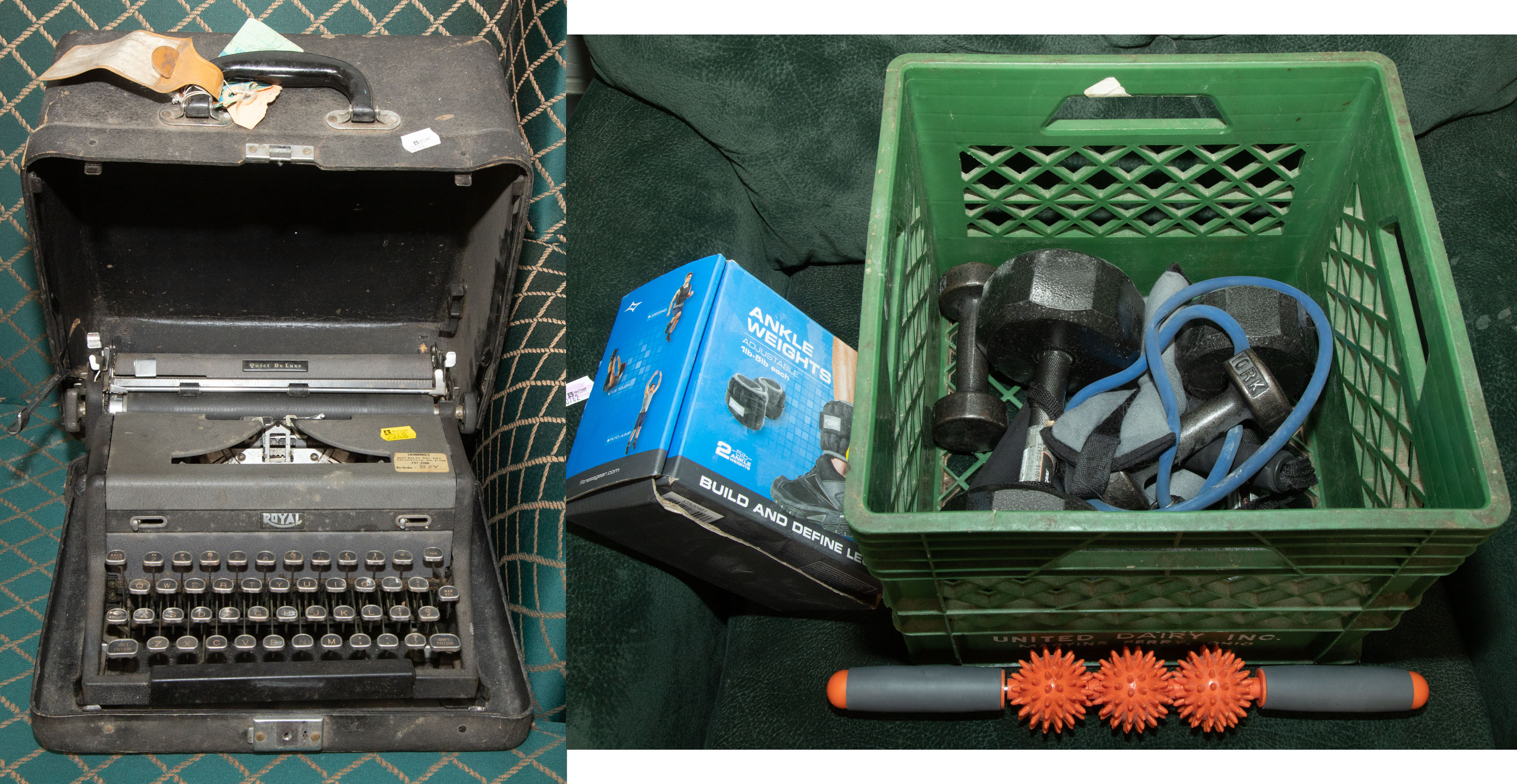 ASSORTMENT OF EXERCISE EQUIPMENT & TYPEWRITER