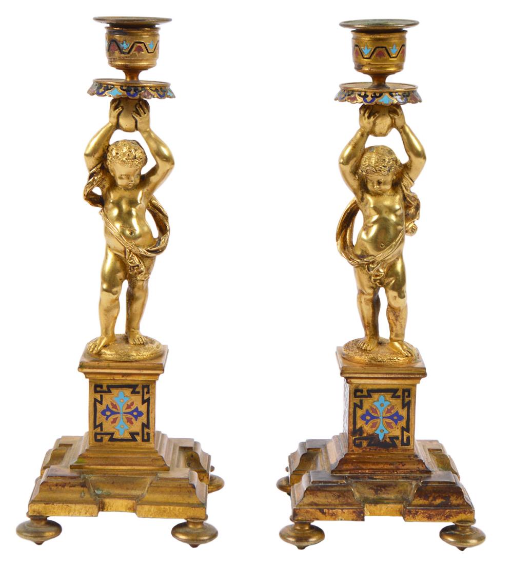 PAIR OF FRENCH BRONZE & CHAMPLEVE