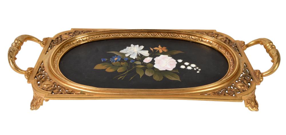 LARGE PIETRA DURA & BRONZE TRAY19th