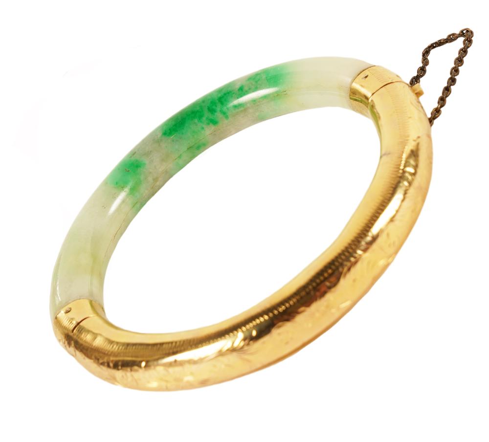 JADE AND 14KT BANGLEBangle is half