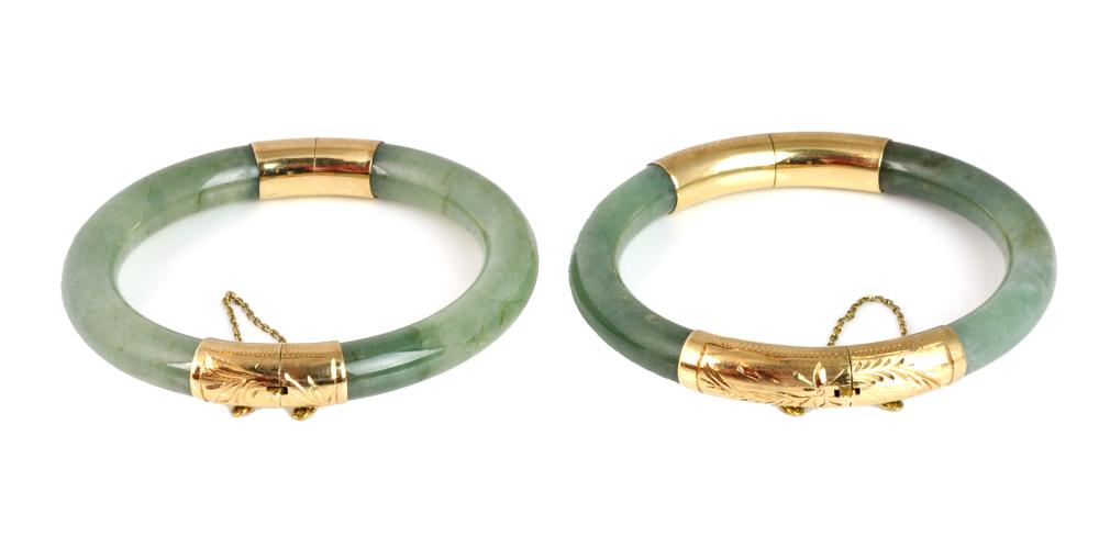 TWO JADE 14KT GOLD CHINESE BANGLE 33826b