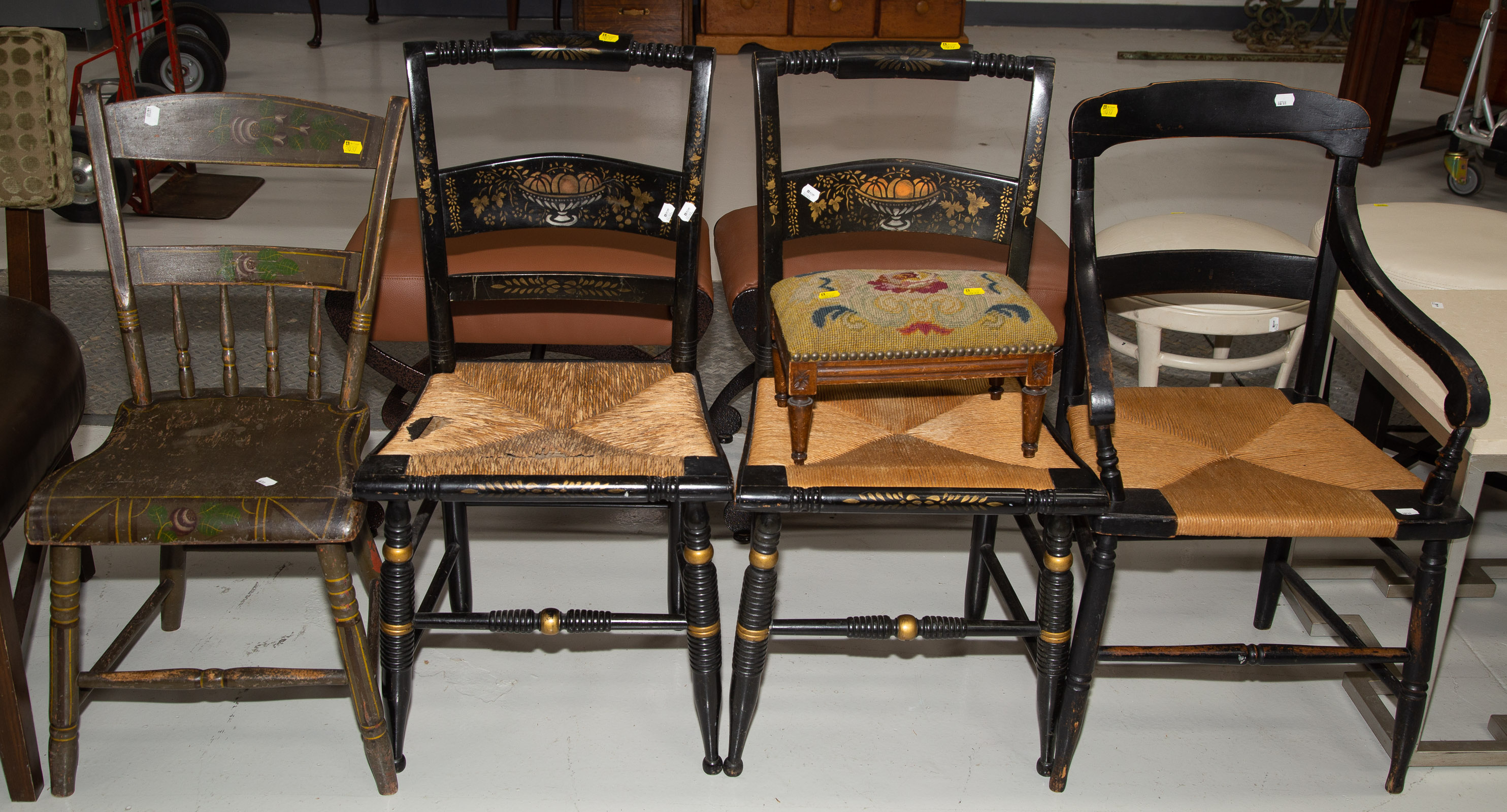A SELECTION OF FOUR CHAIRS & A FOOTSTOOL