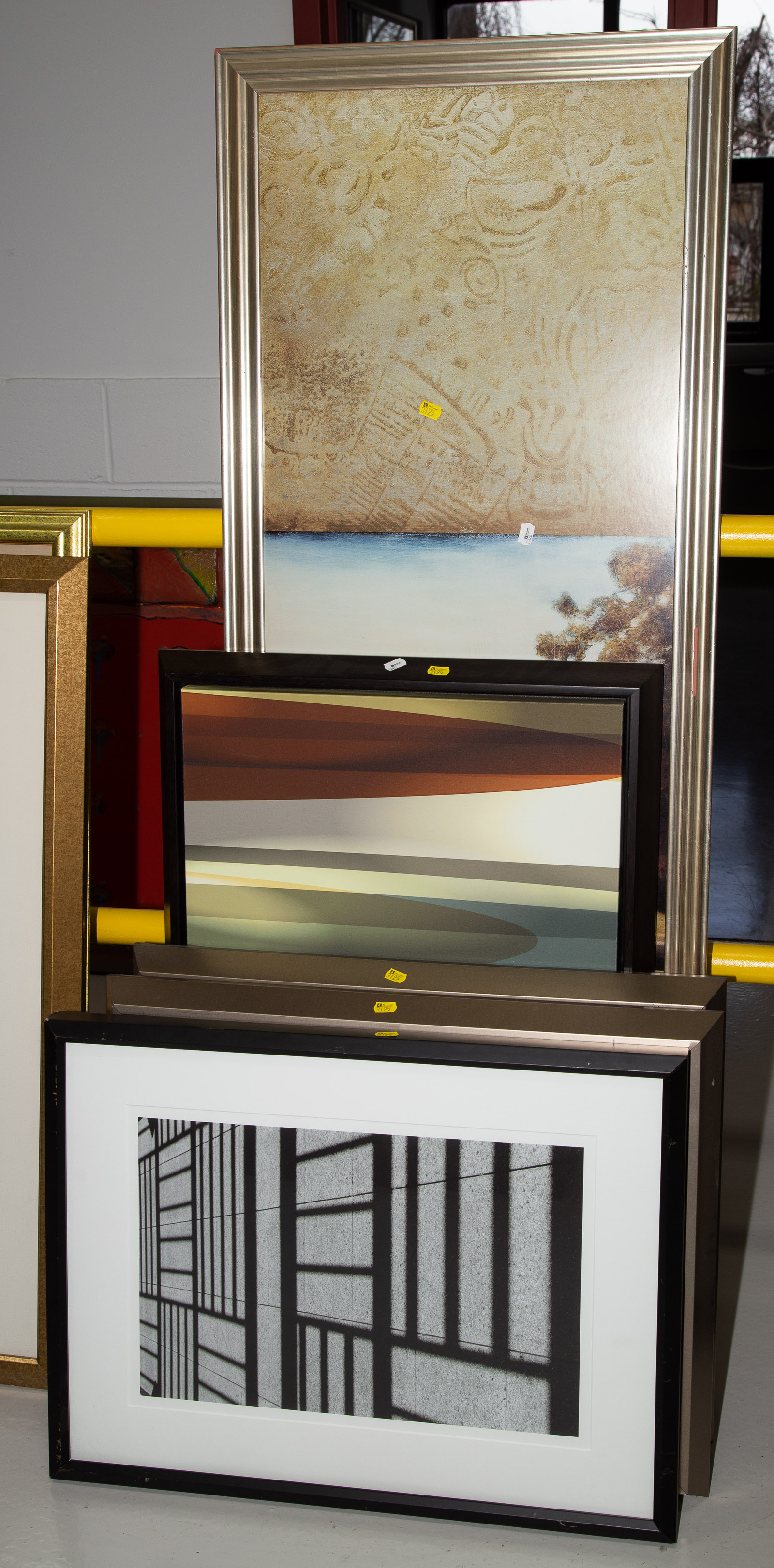 FIVE FRAMED ARTWORKS Includes abstract,