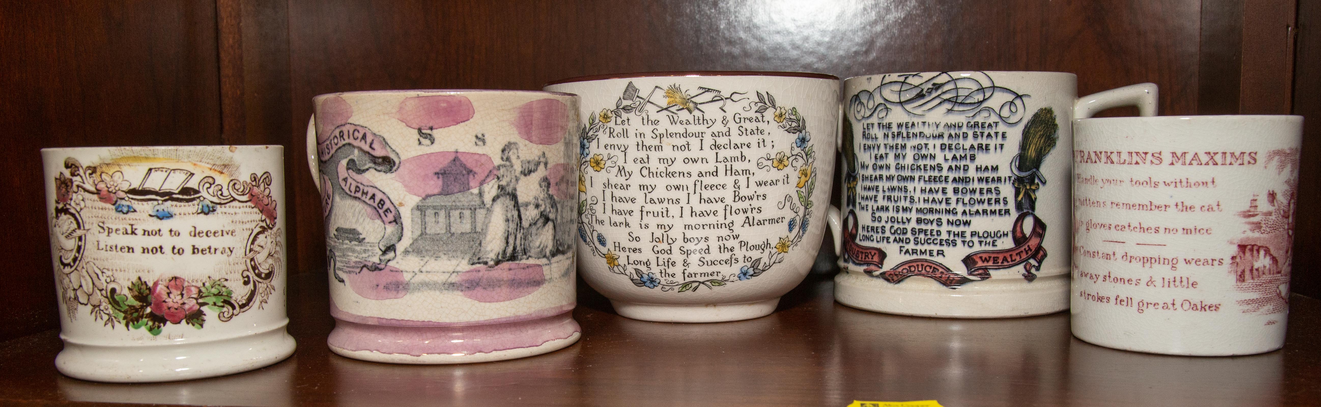 FIVE ANTIQUE STAFFORDSHIRE MOTTO