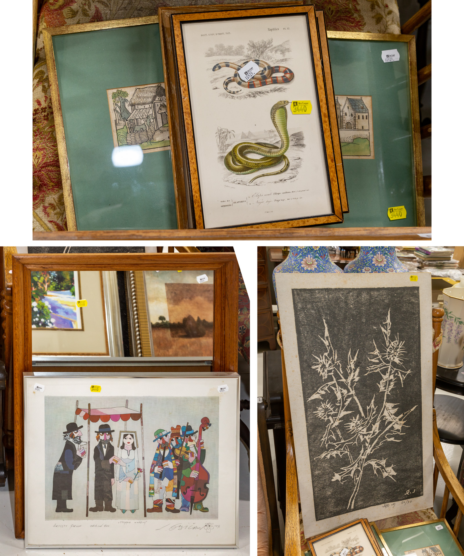 SEVEN FRAMED & UNFRAMED ARTWORKS & MIRROR