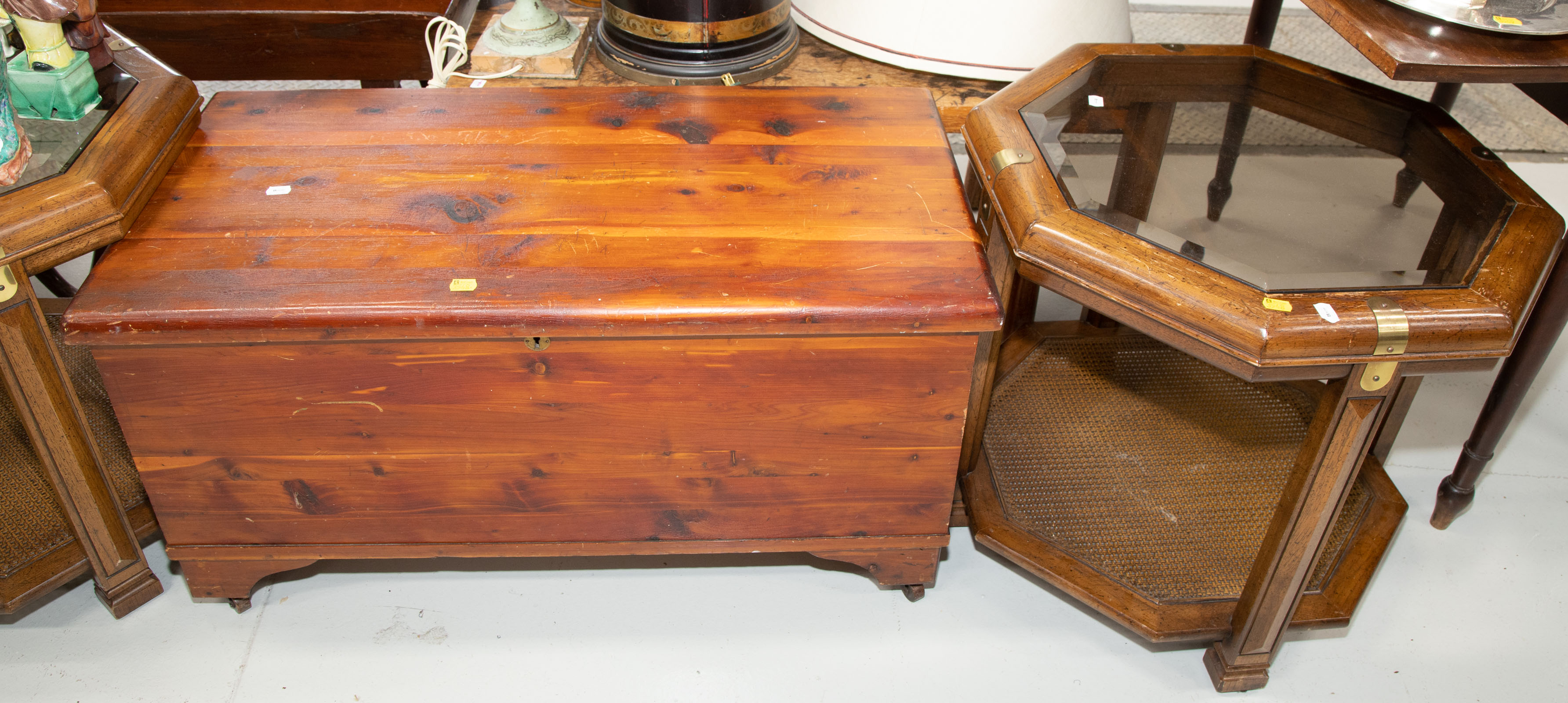 A PAIR OF END TABLES & A CEDAR CHEST