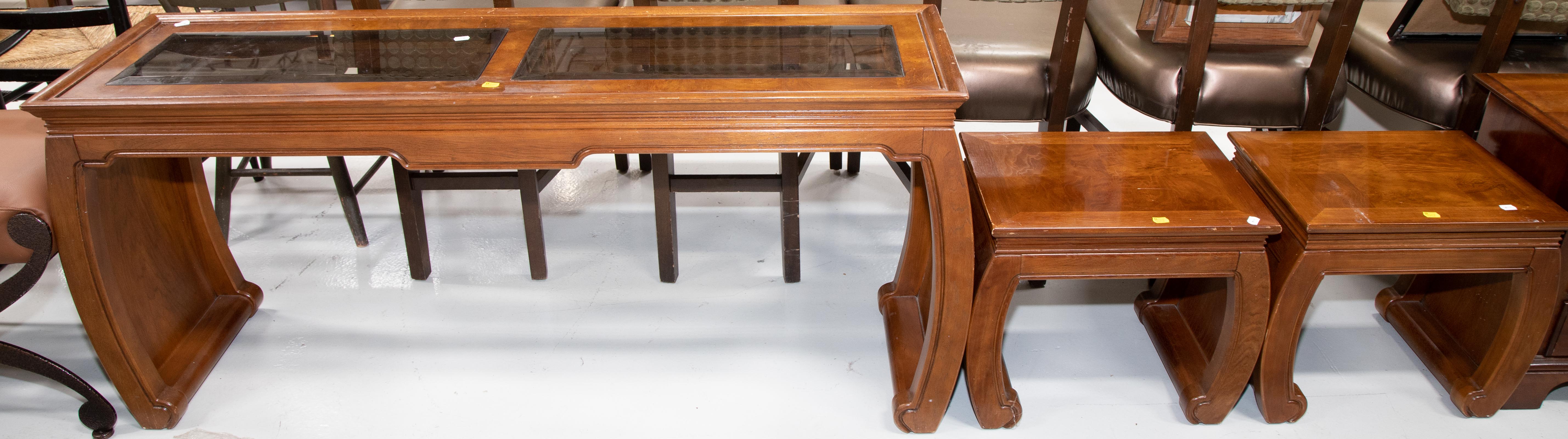 A PAIR OF CHINESE STYLE END TABLES &