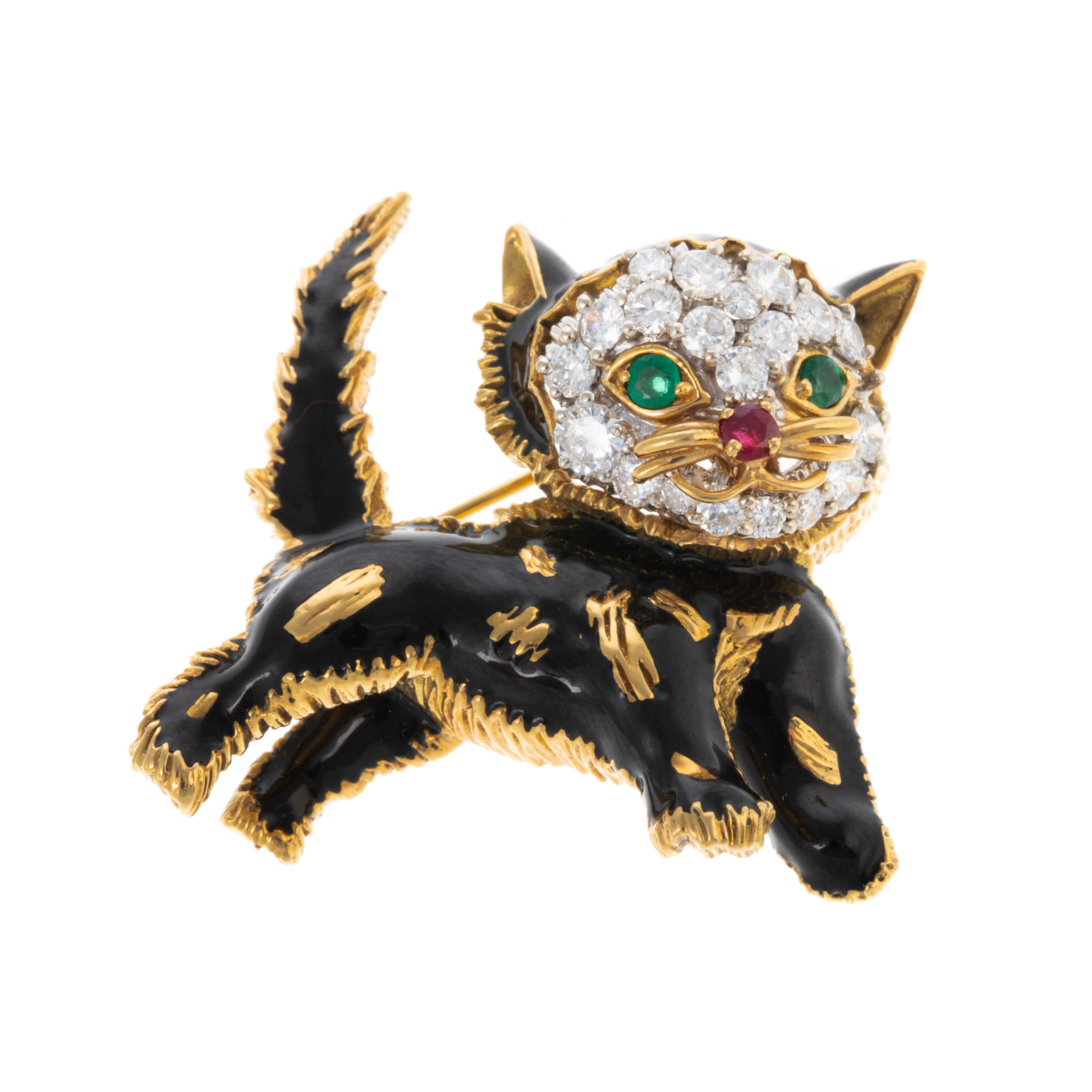 A PAVE DIAMOND ENAMEL CAT BROOCH 338511