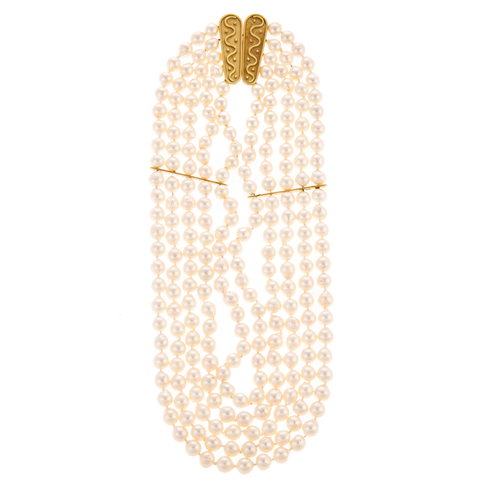A FIVE STRAND BAROQUE PEARL NECKLACE 33851a