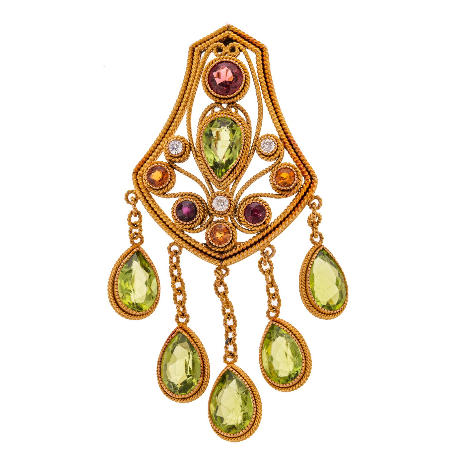 AN ORNATE GEMSTONE DANGLE BROOCH 33857f