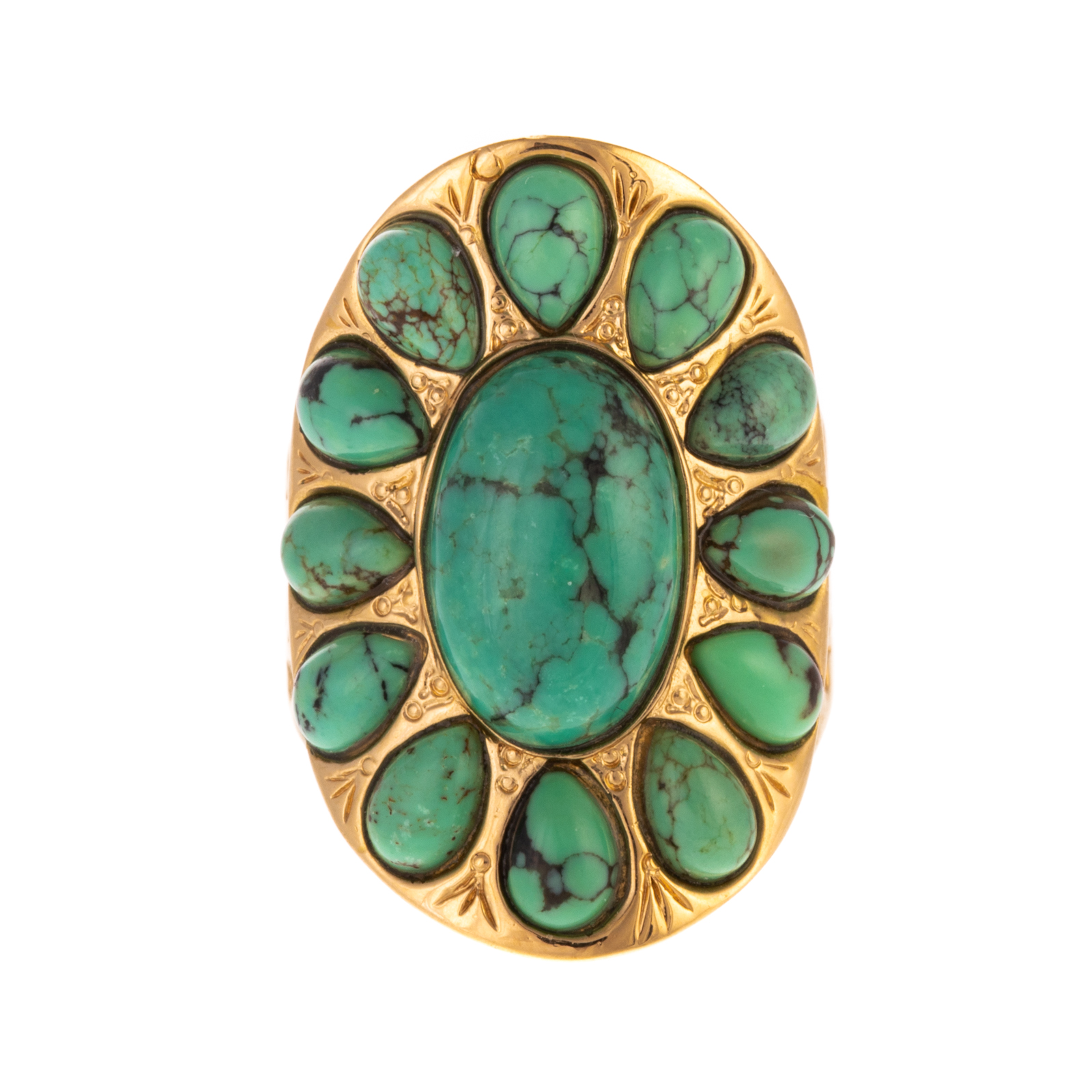 A LARGE TURQUOISE RING IN 10K,