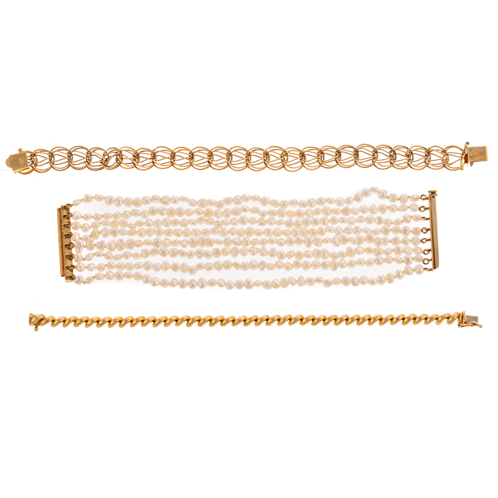 A TRIO OF YELLOW GOLD & PEARL BRACELETS
