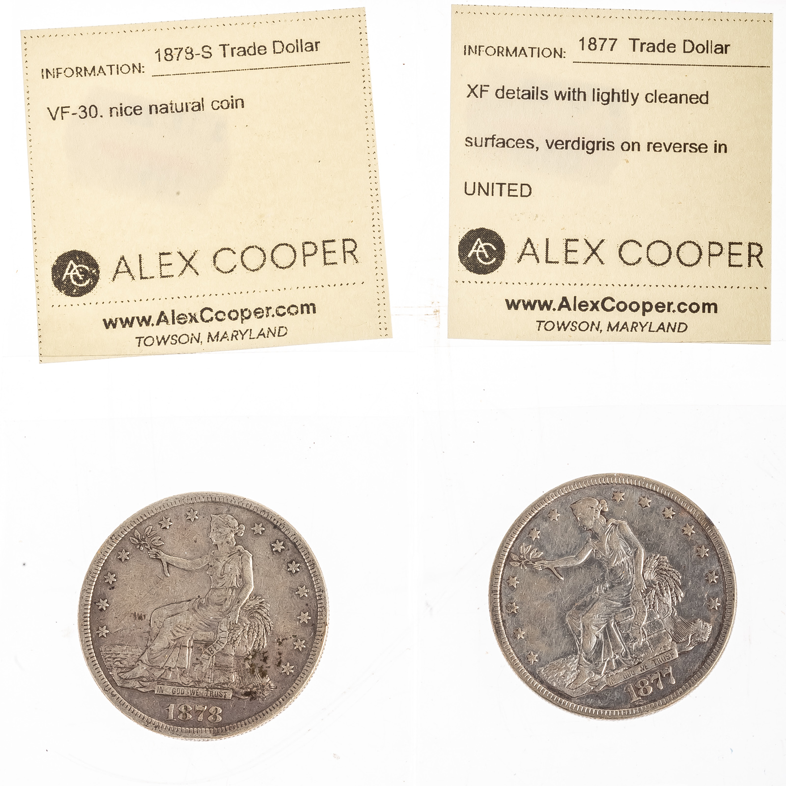 TWO TRADE DOLLARS 1877 XF DETAILS