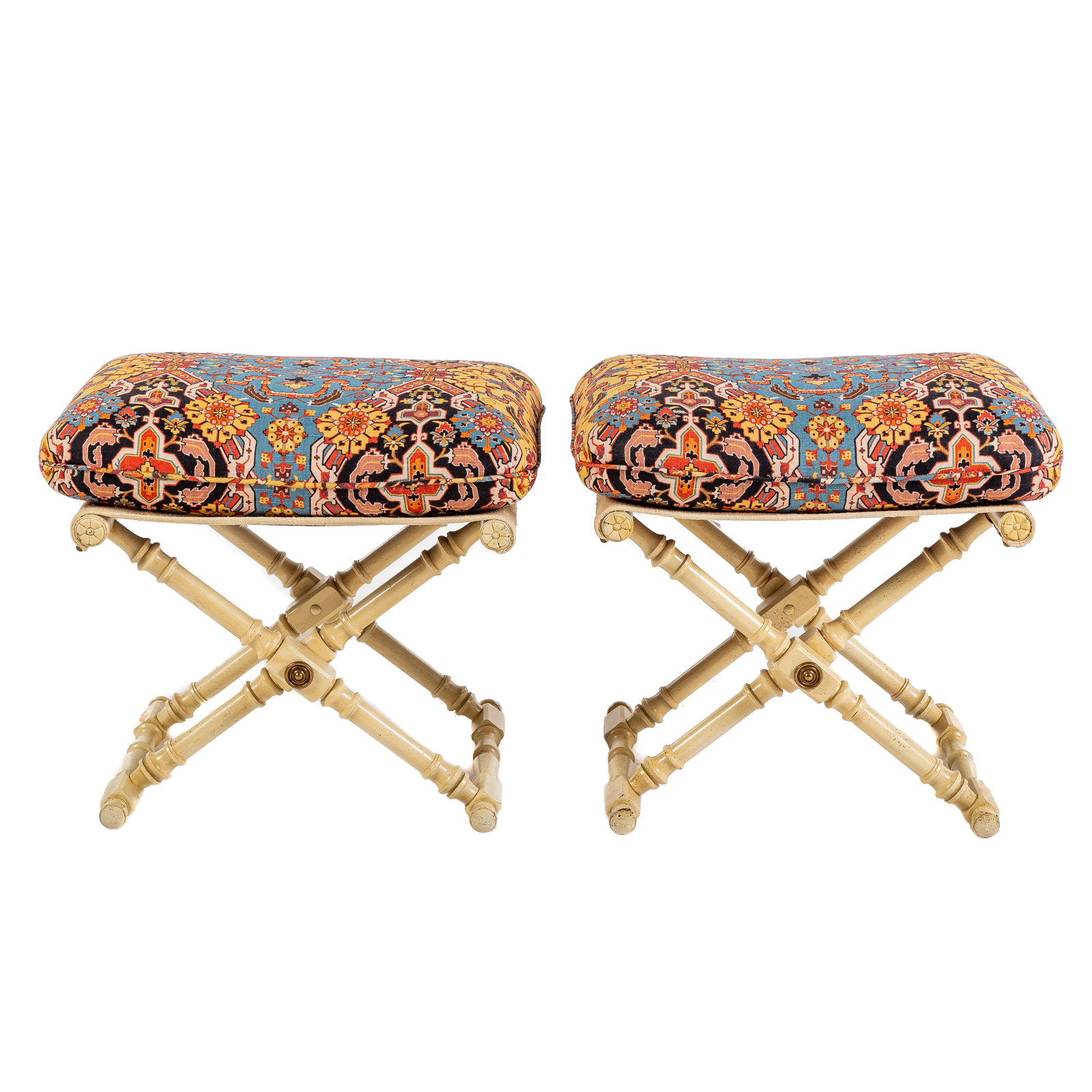 A PAIR OF PAINTED WOOD UPHOLSTERED