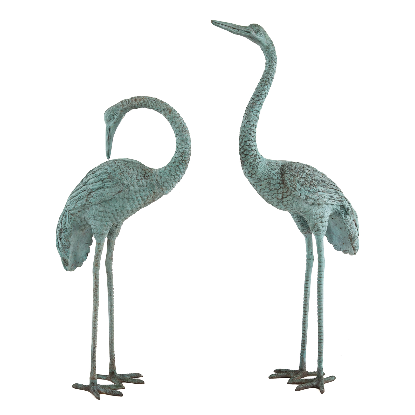 A PAIR OF VERDIGRIS BRONZE HERONS