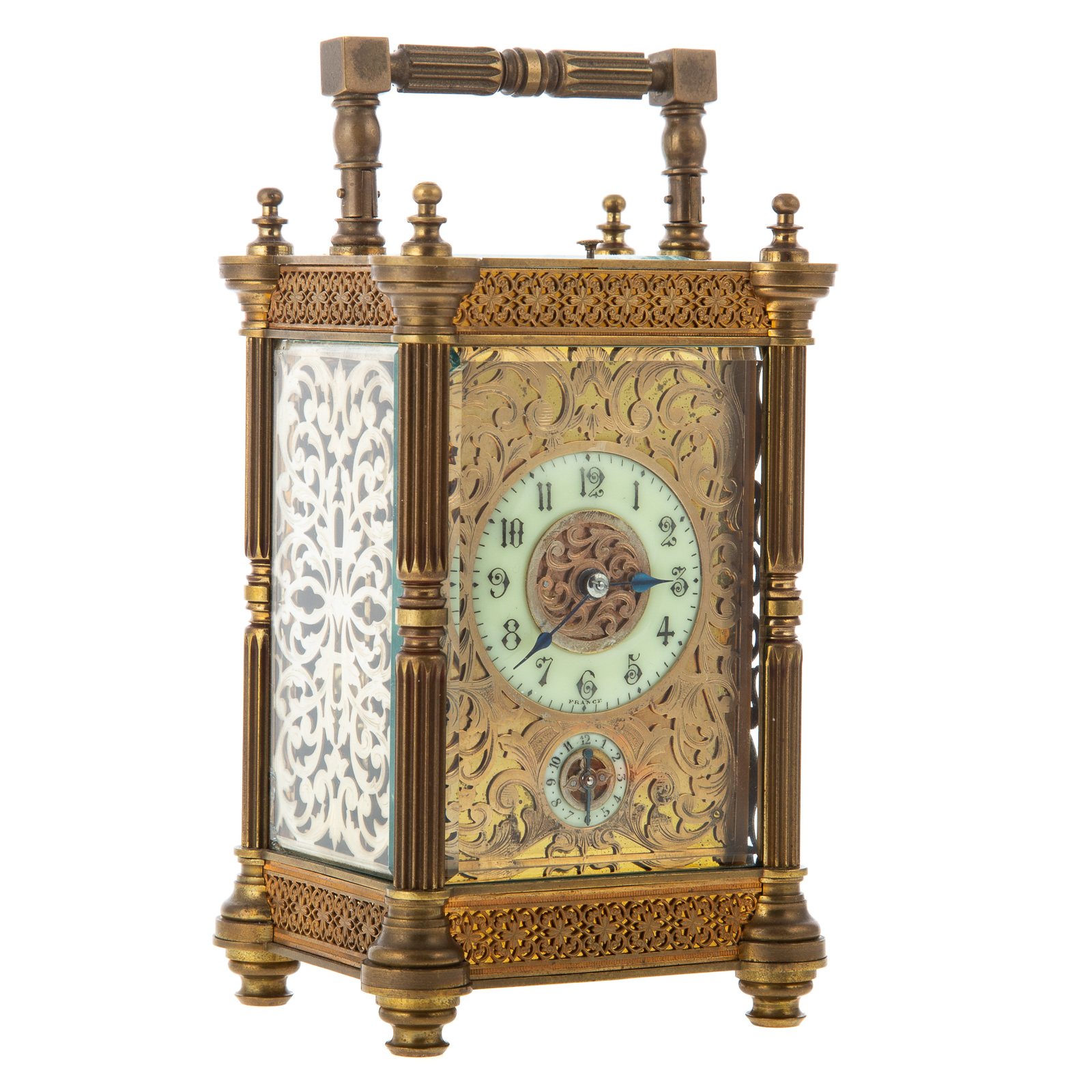 CONTINENTAL BRASS & GLASS CARRIAGE CLOCK