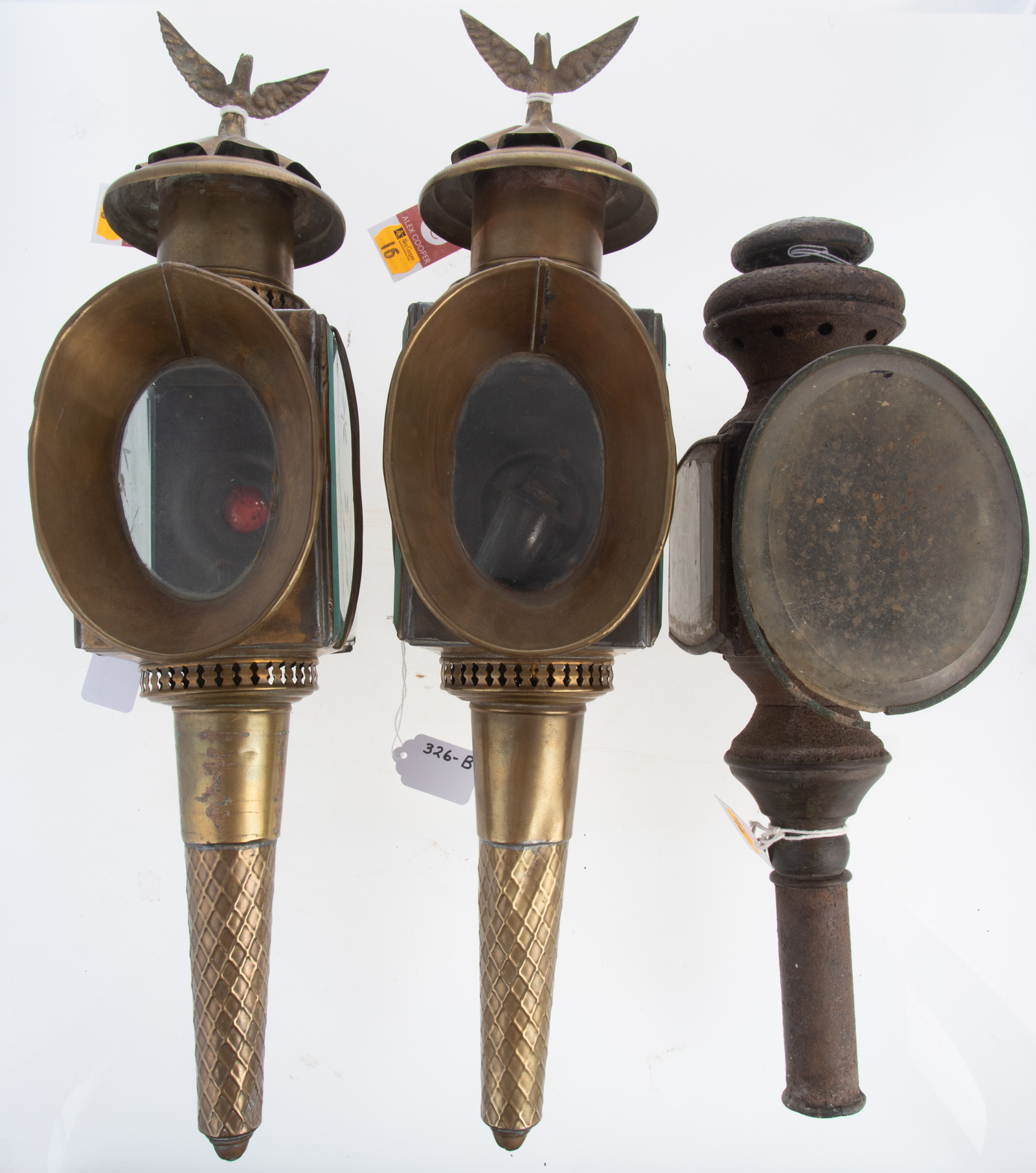 PAIR OF BRASS CARRIAGE LAMPS; IRON