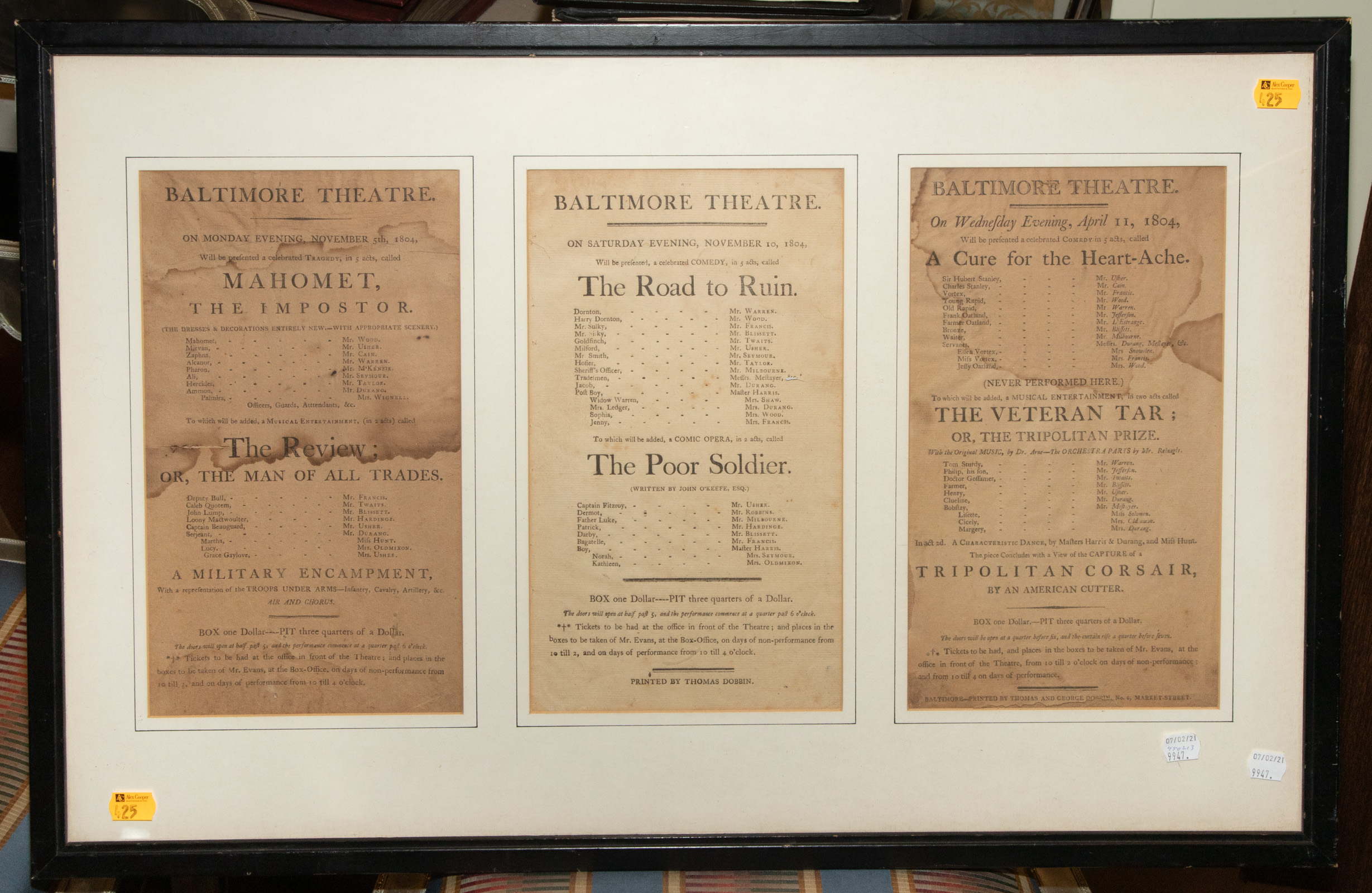 THREE THEATRICAL BROADSIDES, BALTIMORE,