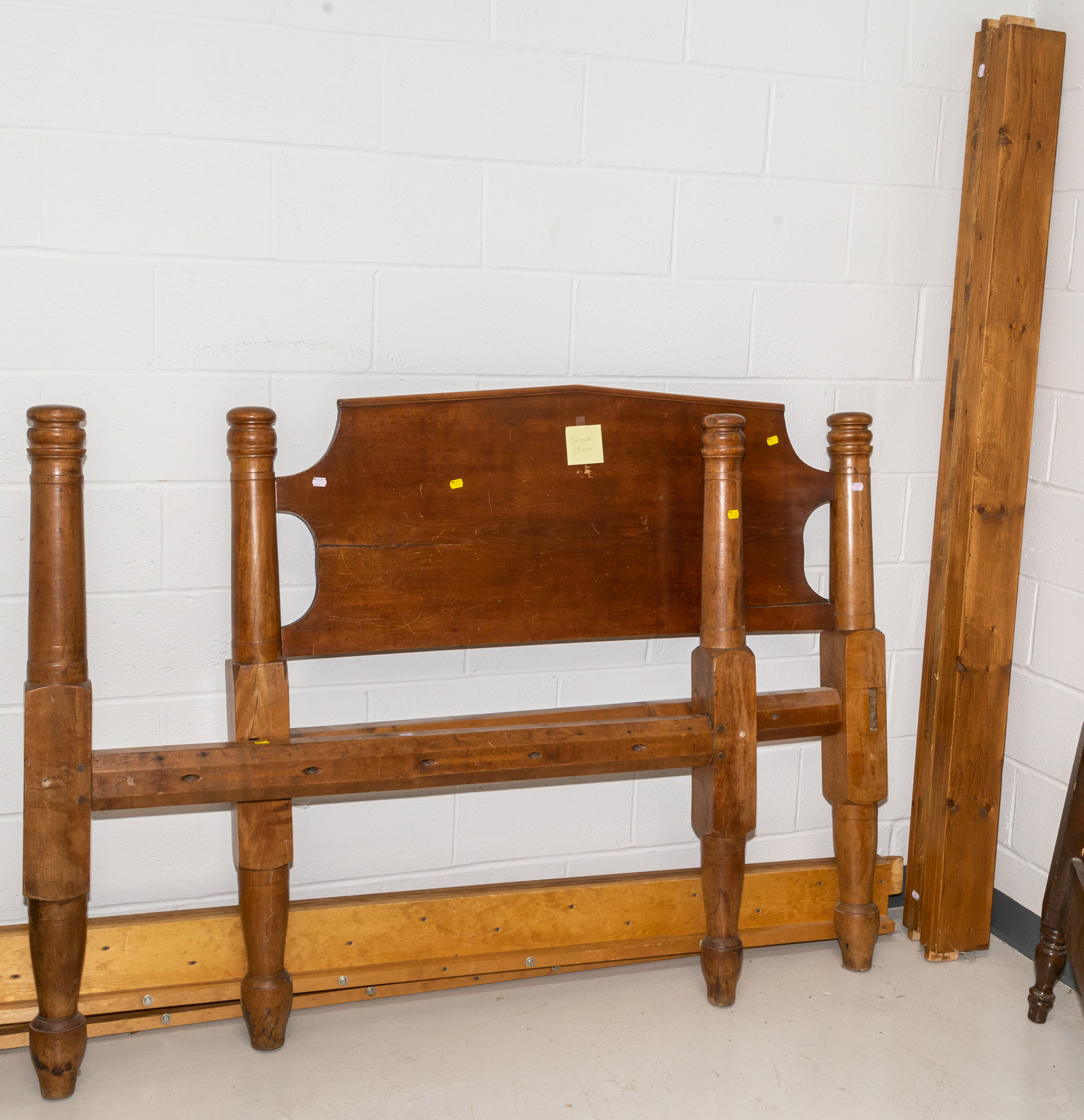 ANTIQUE PINE BED WITH RAILS .