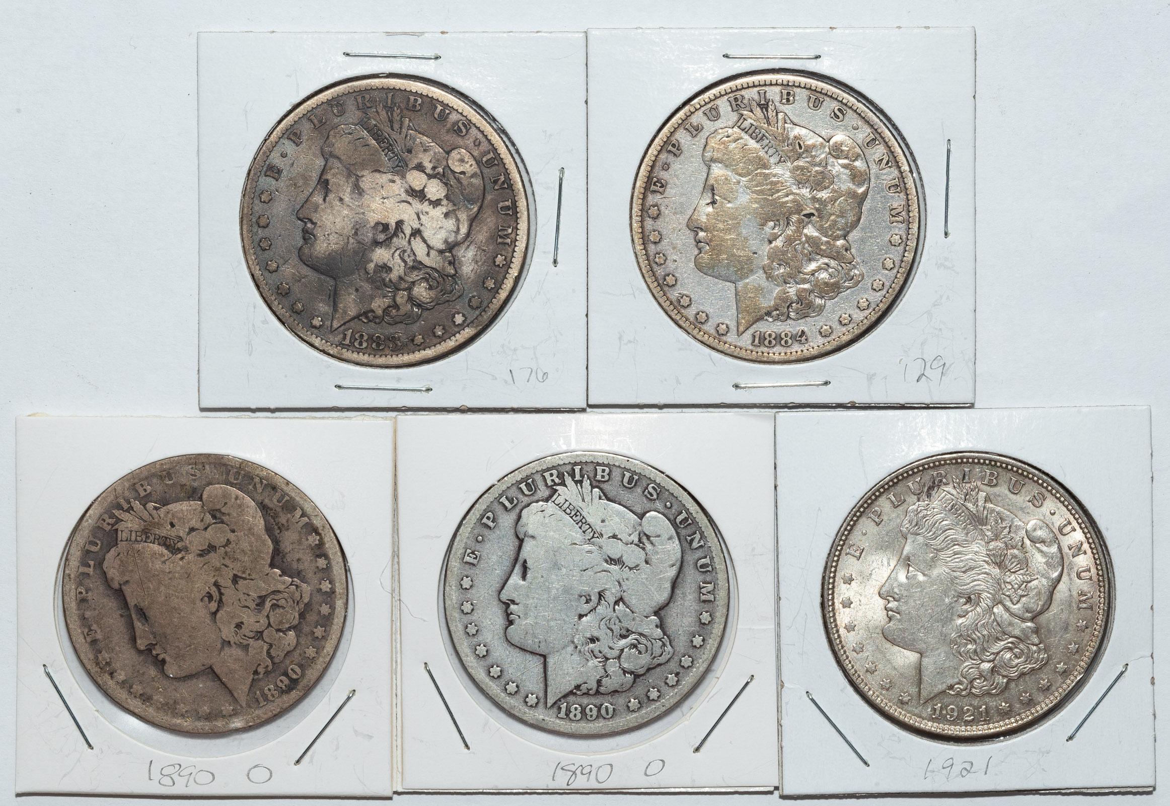 FIVE MORGAN SILVER DOLLARS 1890-O