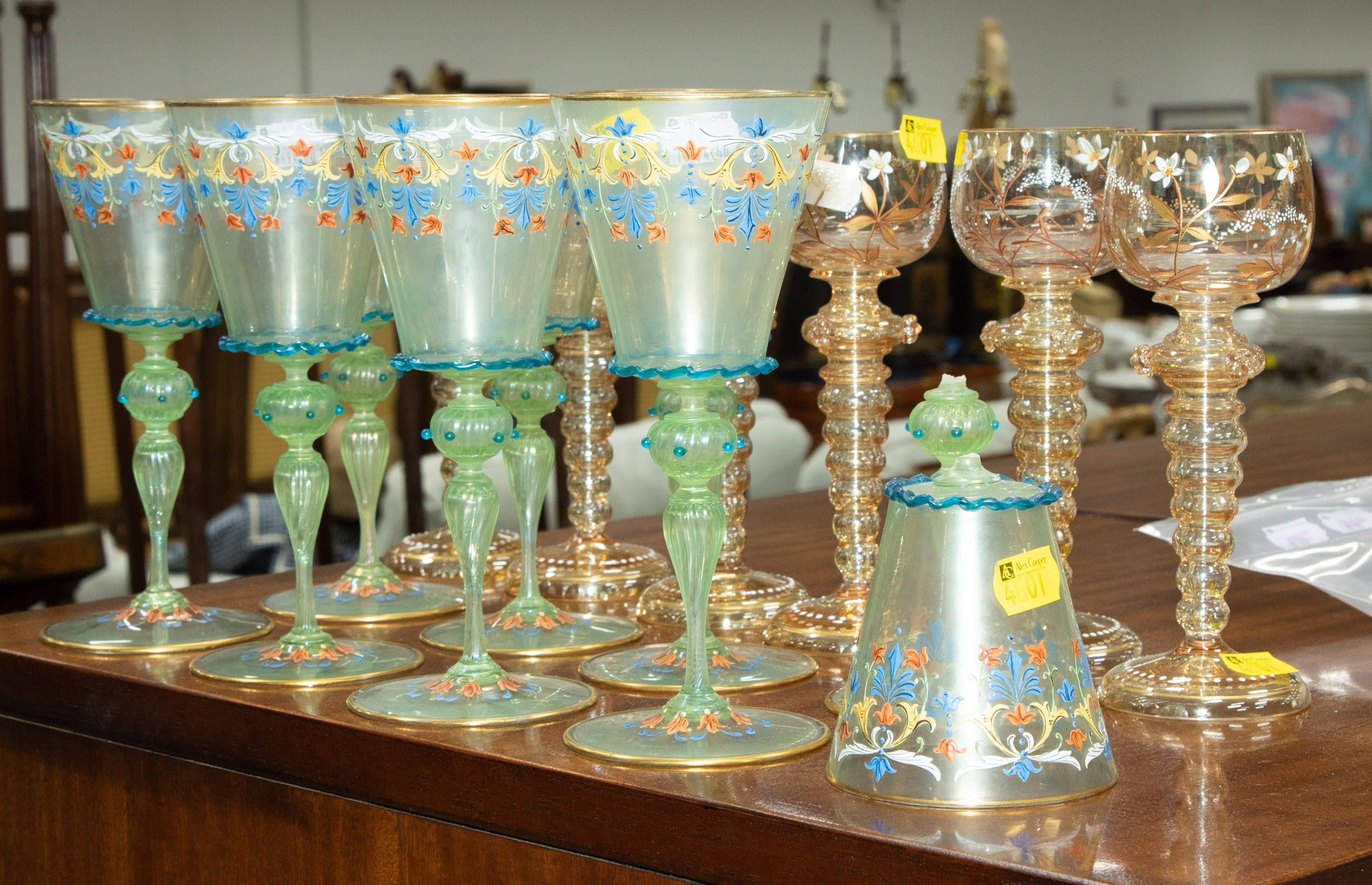 TWO GROUPS OF ENAMEL DECORATED