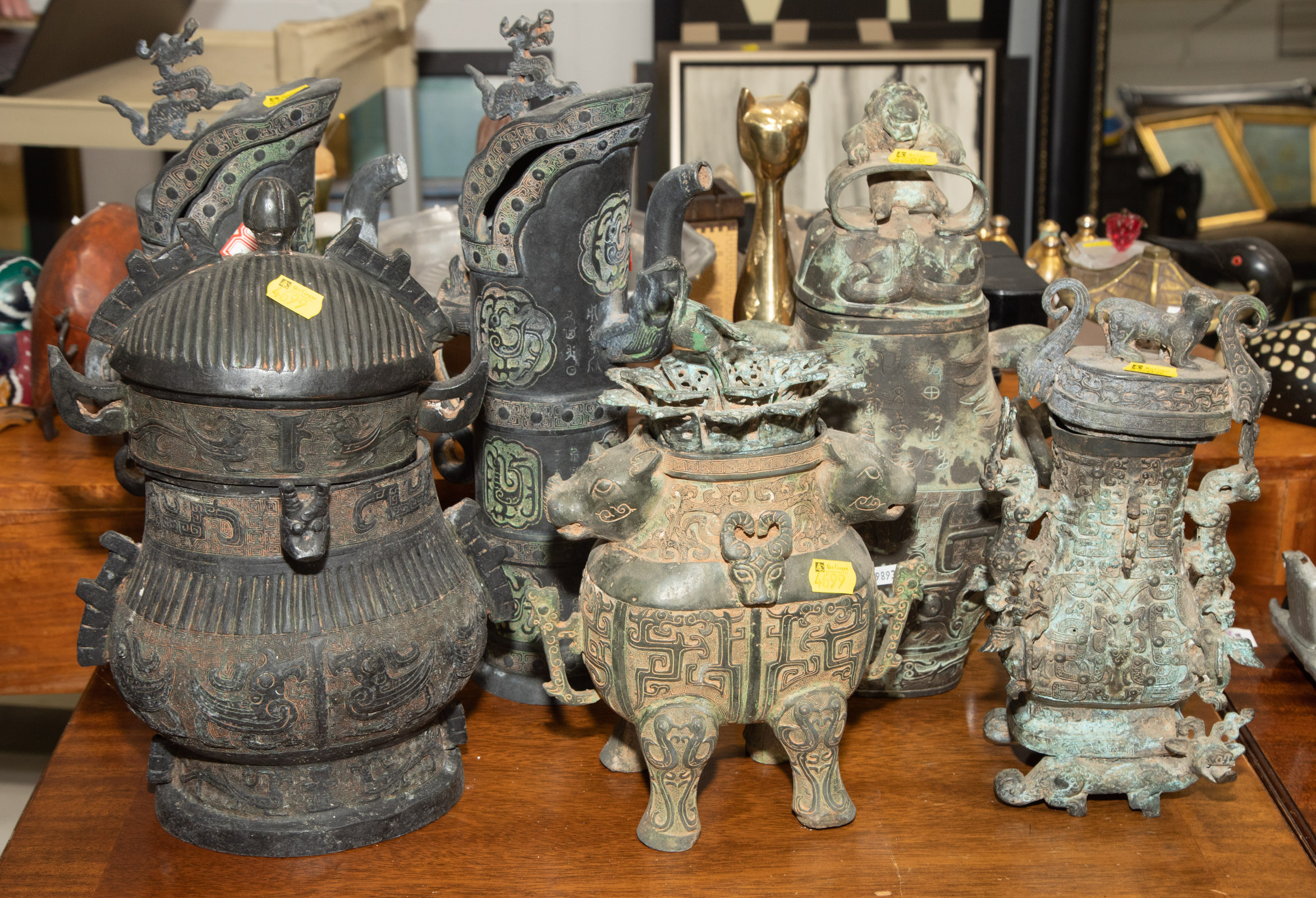 SIX CHINESE ARCHAIC STYLE BRONZE VESSELS