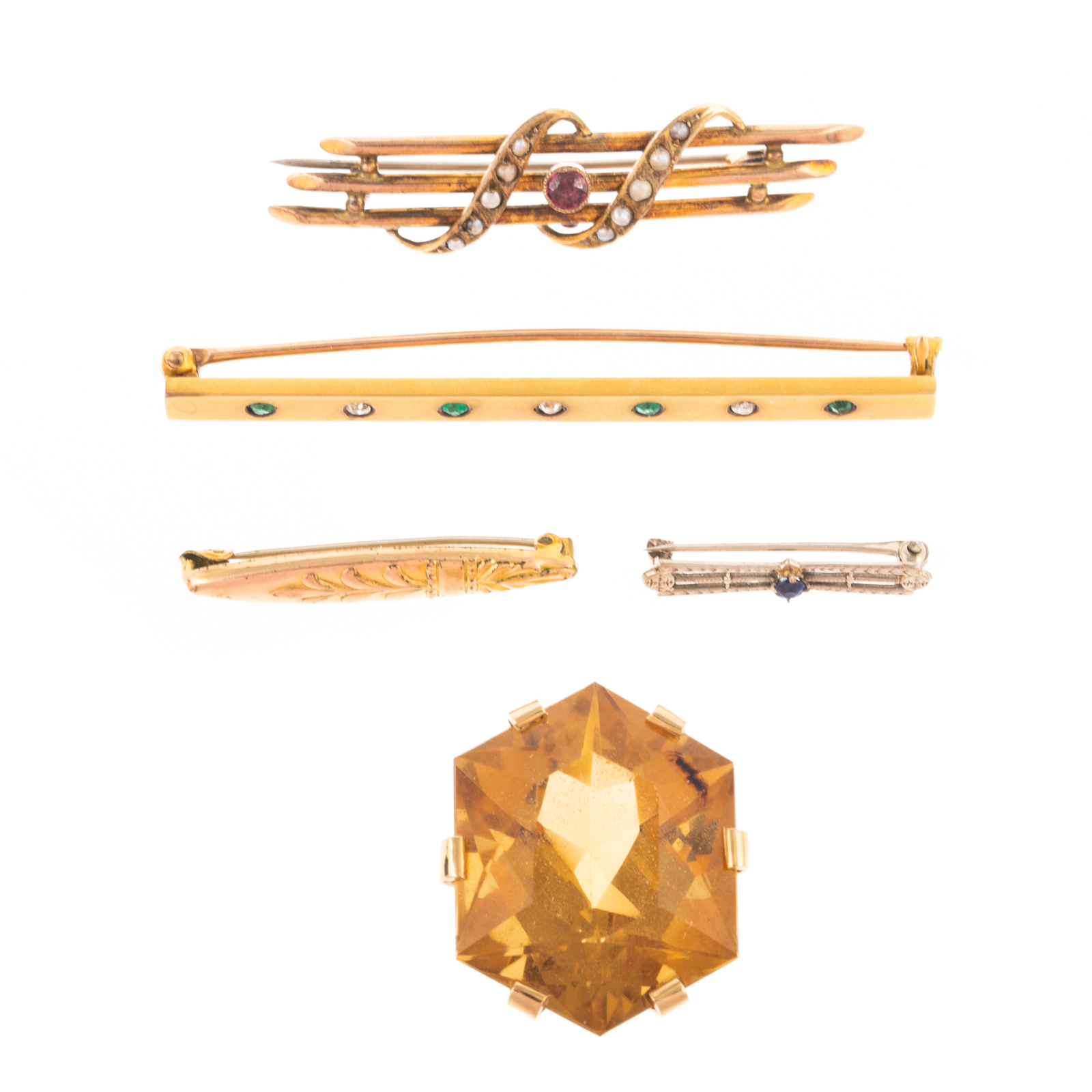 A COLLECTION OF BAR PINS & CITRINE