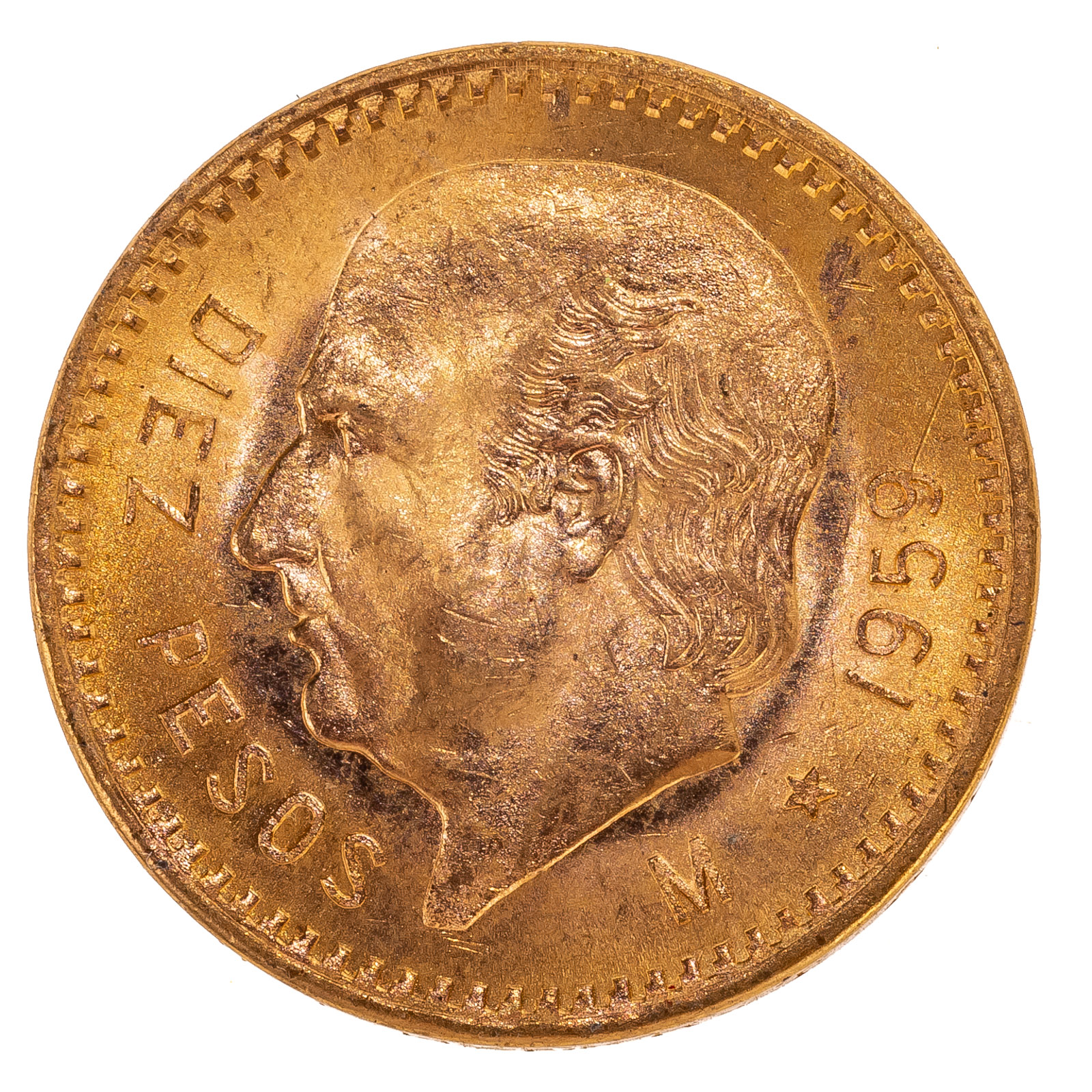 1959 MEXICAN GOLD 10 PESOS AU UNC 338e24