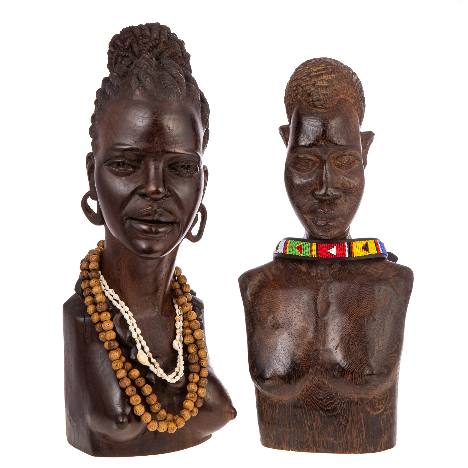 TWO AFRICAN THEMED CARVED BUSTS, WOOD