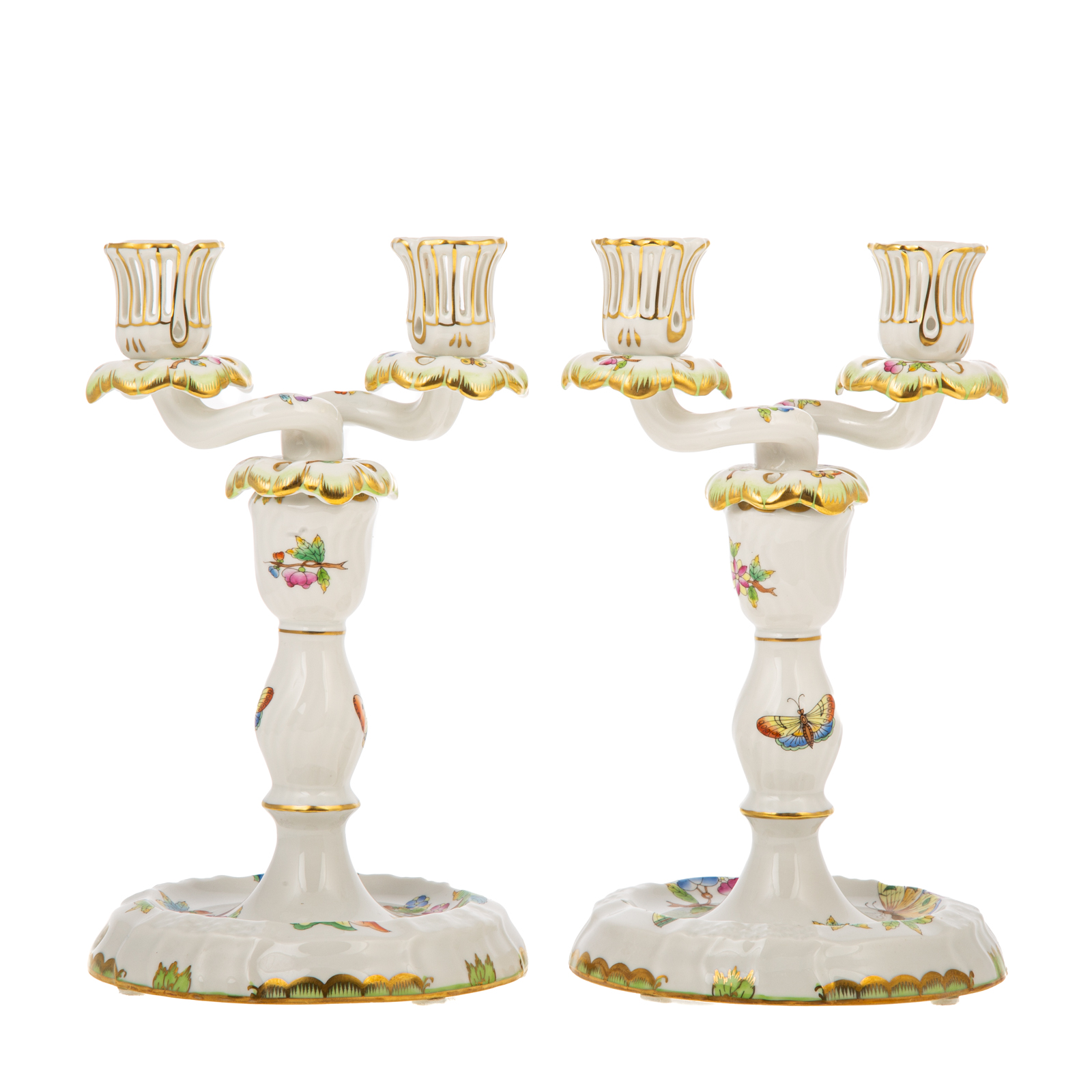 A PAIR OF HEREND PORCELAIN TWO-LIGHT