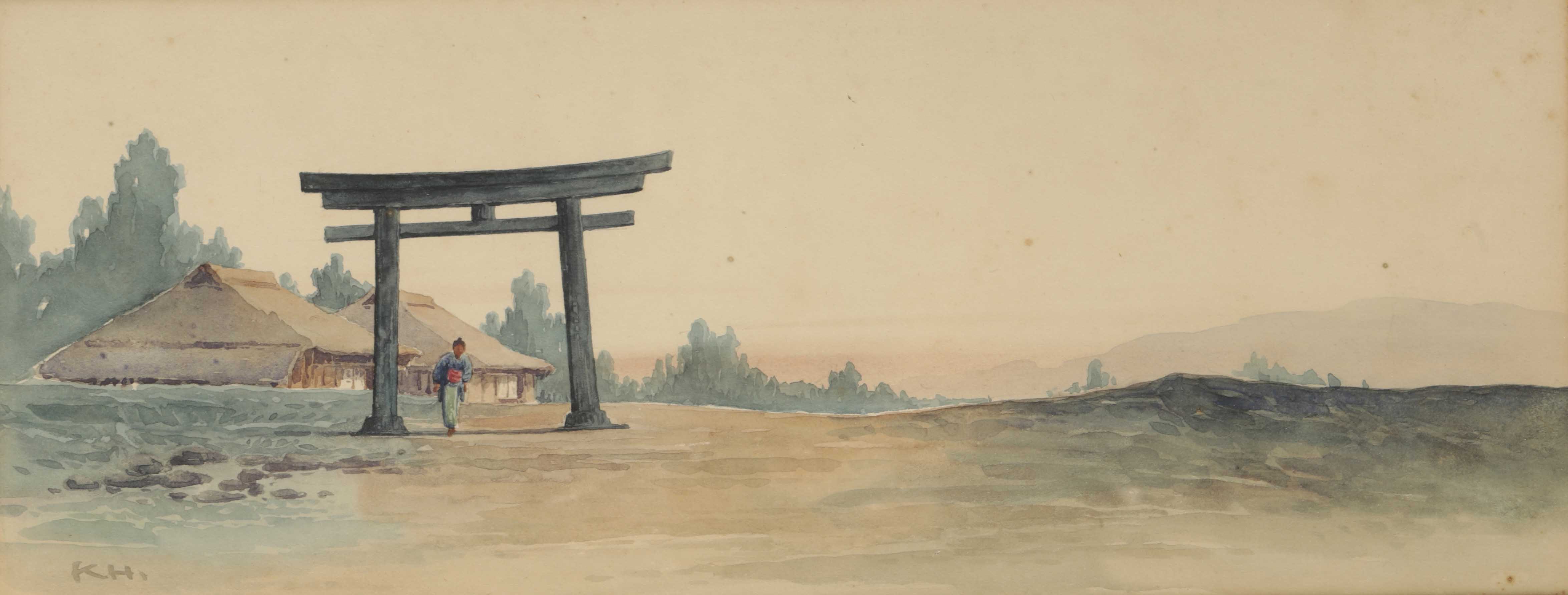 SET OF THREE JAPANESE WATERCOLOURS,