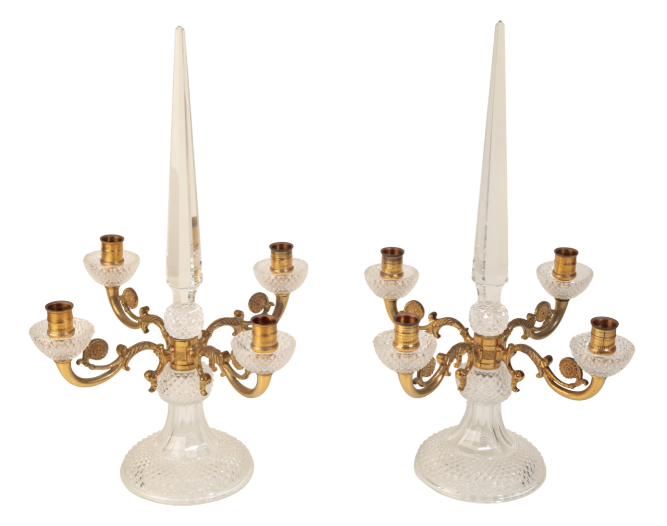 A PAIR OF CUT GLASS AND GILT BRONZE