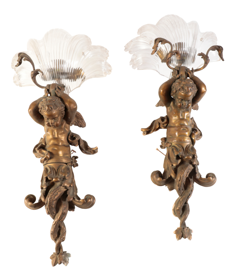 A PAIR OF GILT BRONZE AND GLASS