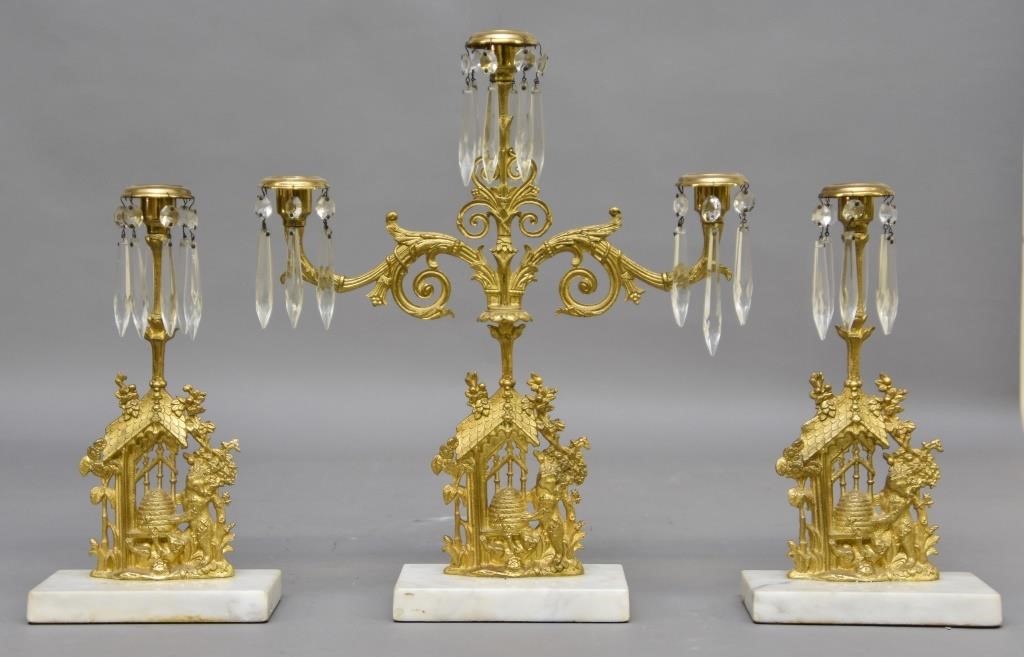 Three piece gilt metal and marble