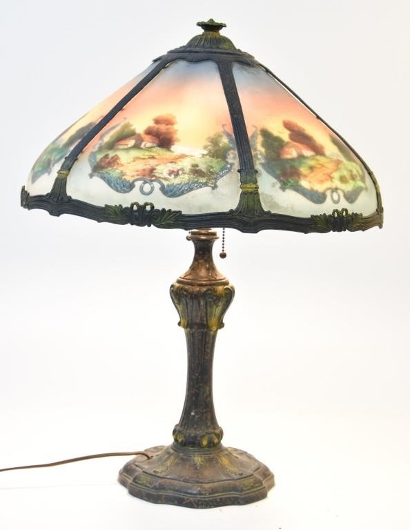 Spelter metal table lamp with colorful
