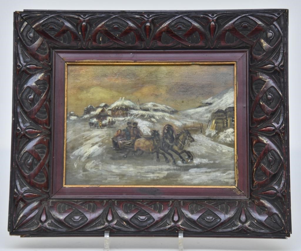 Oil on panel Russian Troika winter 33911c