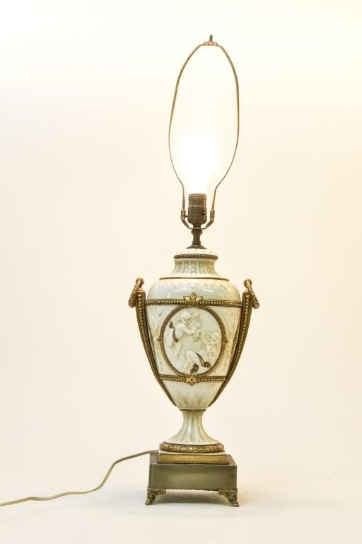 Porcelain urn form table lamp with cherubs