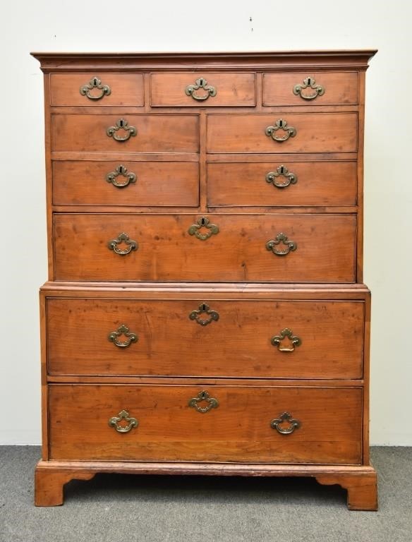 Rare applewood Chippendale chest-on-chest,