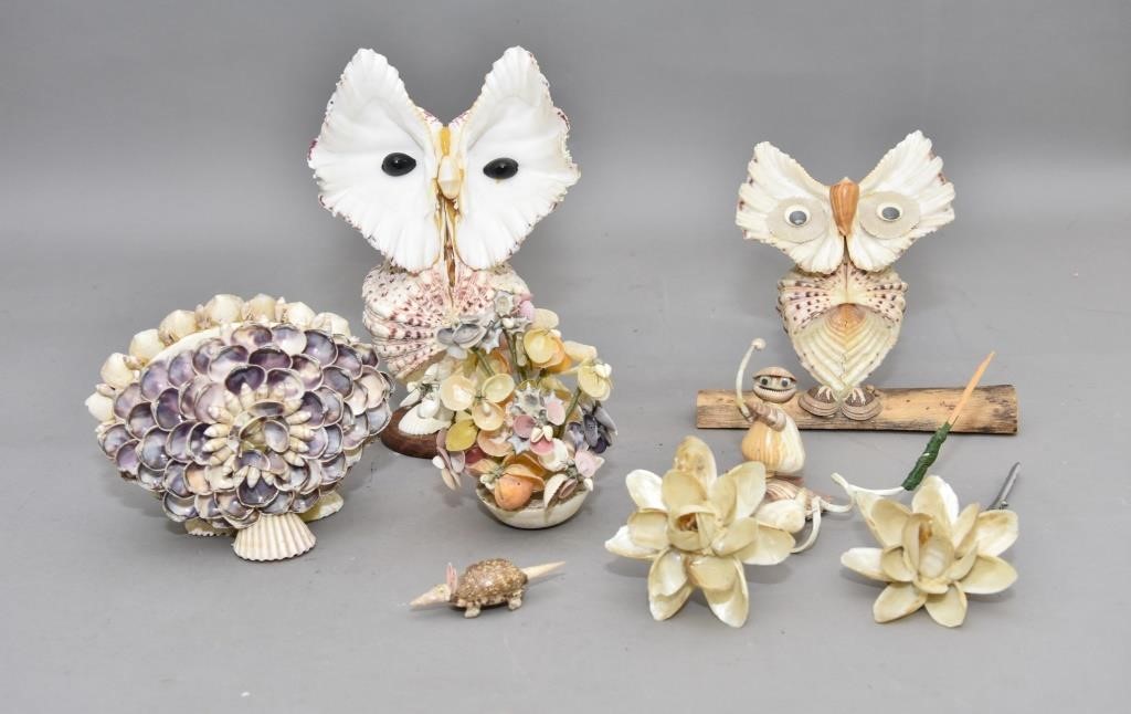 Exotic shell figures including two owls,