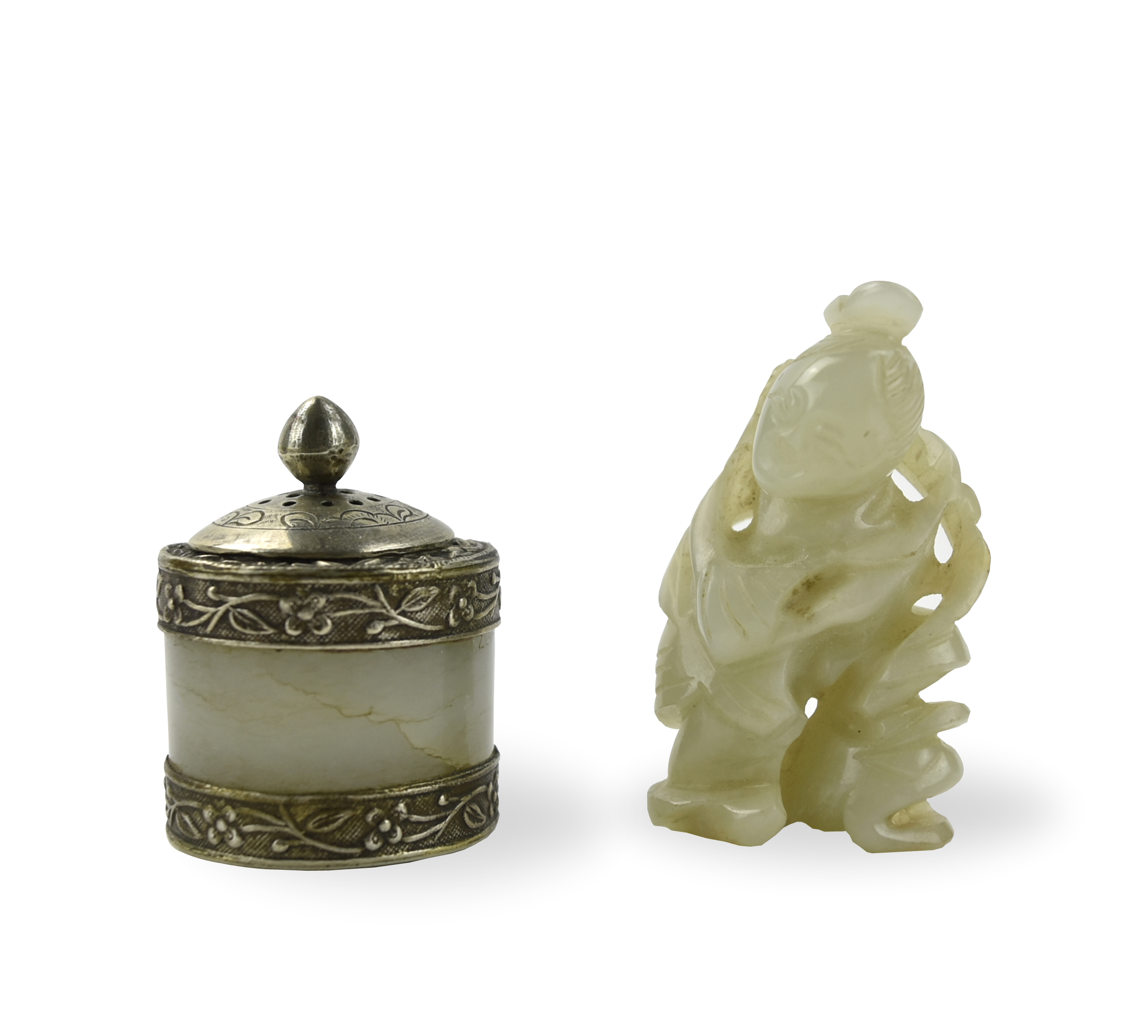 CHINESE SILVER JADE BOX AND CARVED
