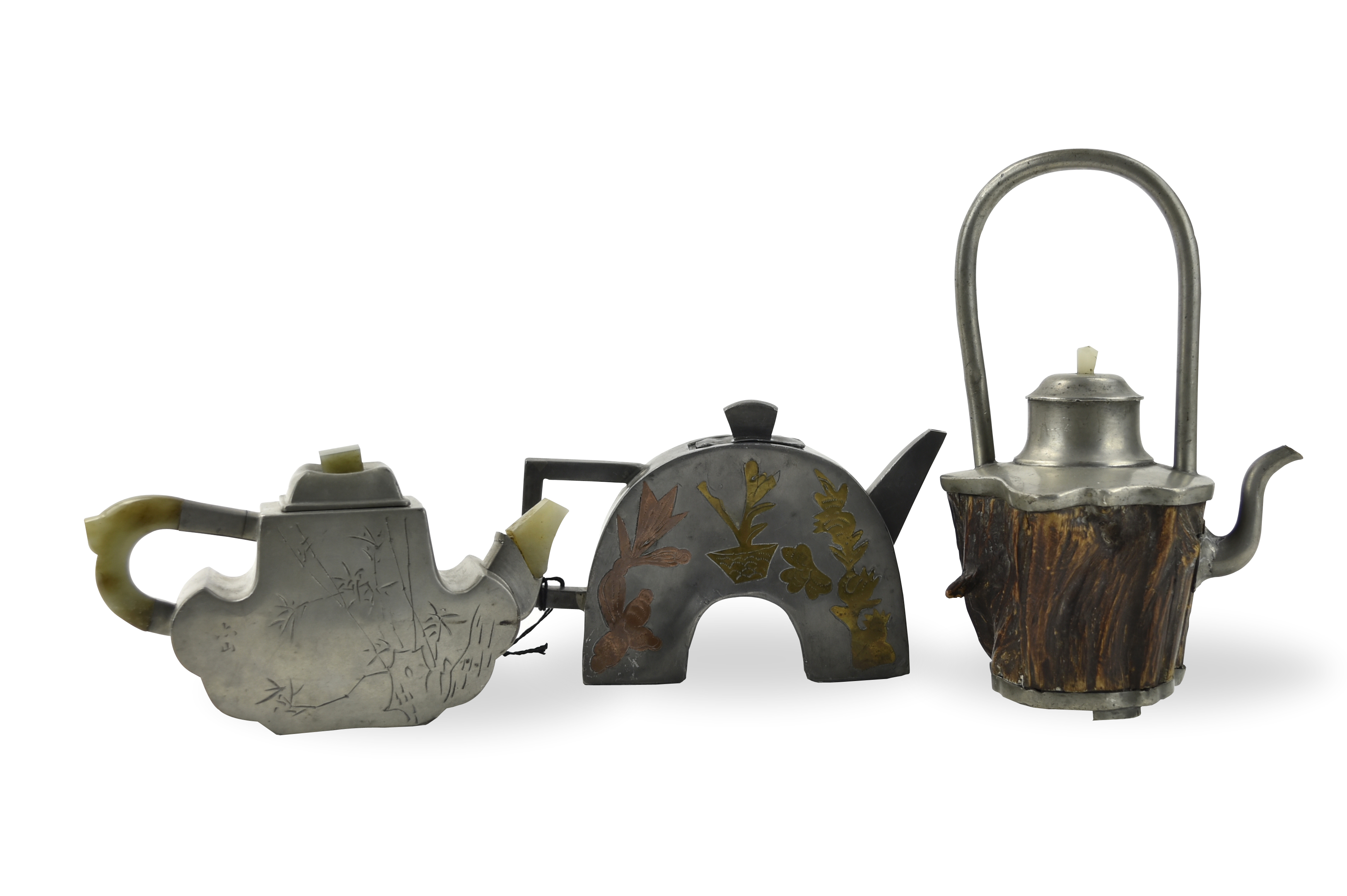 GROUP OF 3 PEWTER TEAPOT AND COVERS QING 33926e