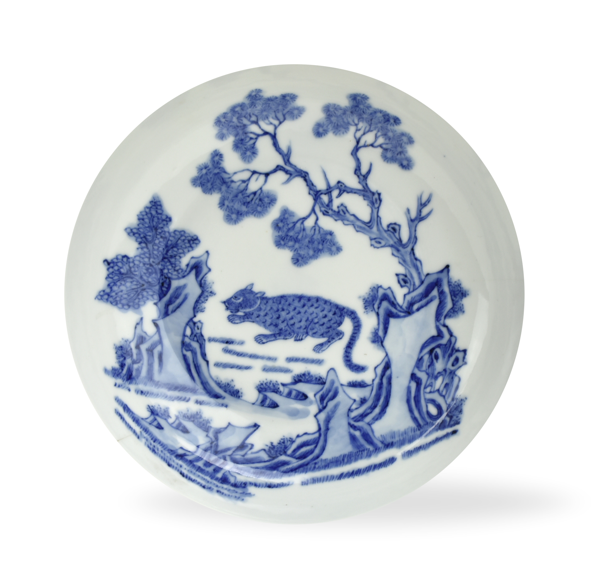 CHINESE BLUE WHITE DISH W TIGER  3392a0