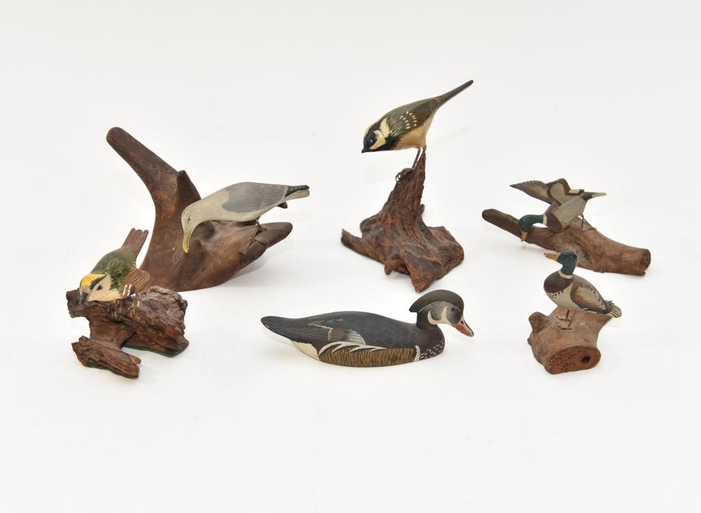 Six wood bird carvings to include