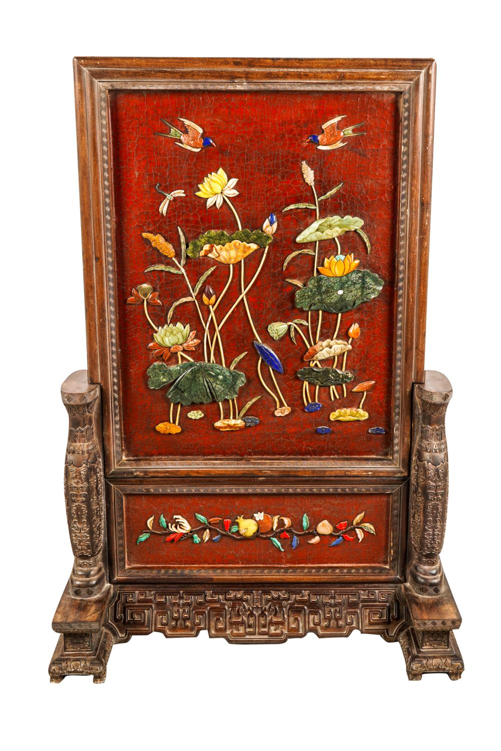 CHINESE LACQUERED & STONE INLAID