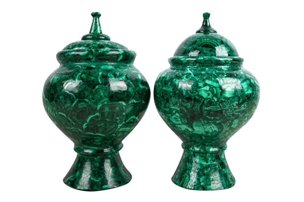 PAIR OF MALACHITE COVERED URNSmodern 336cb4