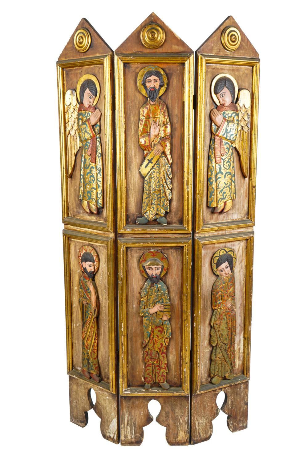 PAINTED GILT RELIEF CARVED THREE PANEL 336d26