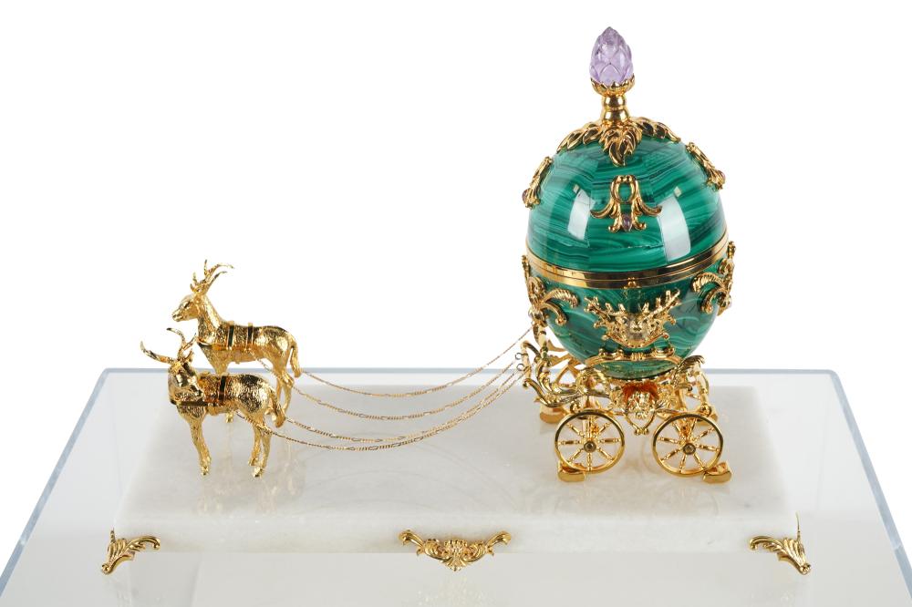 FABERGE MALACHITE & GILT STERLING COACH-FORM