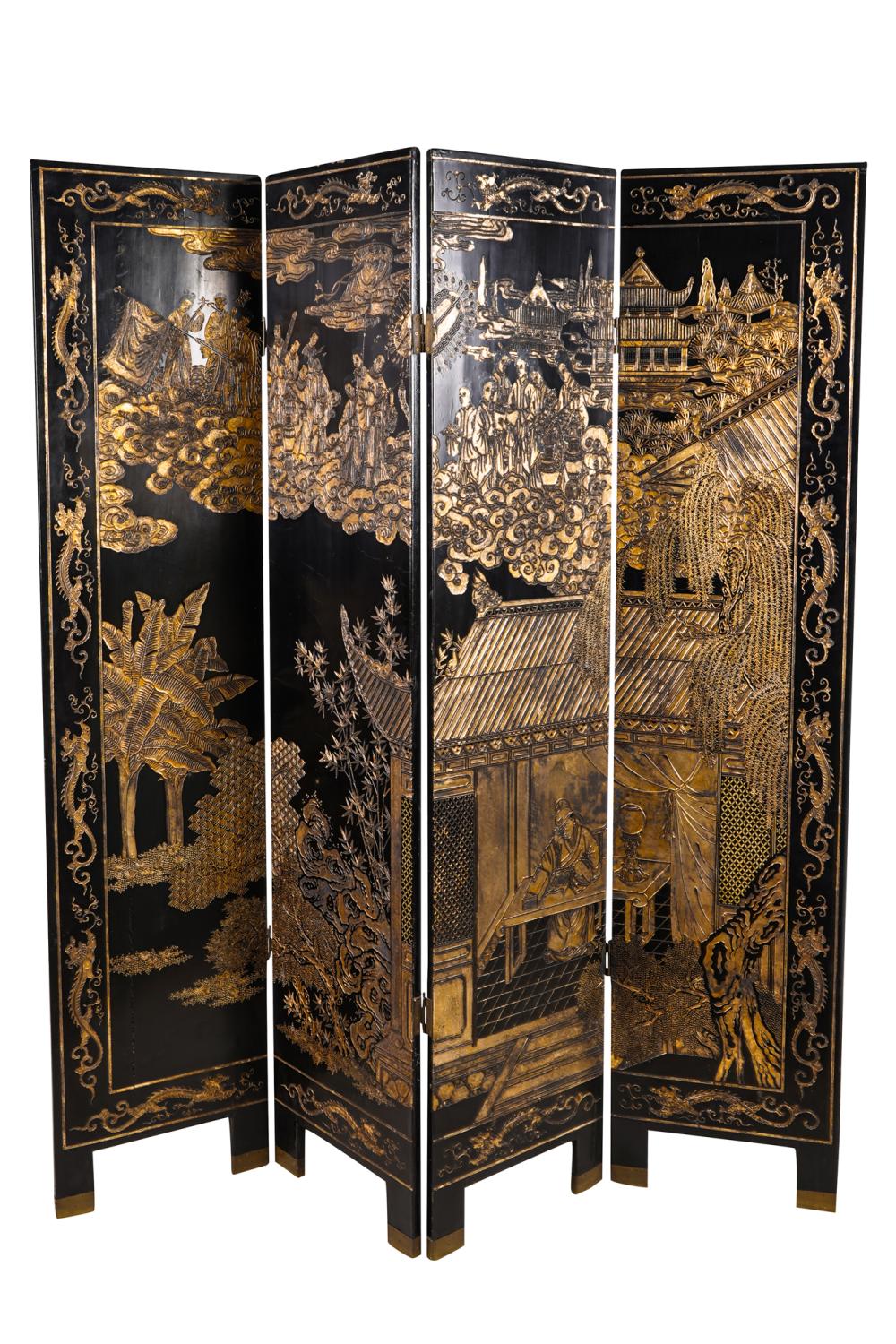 ASIAN LACQUERED FOUR-PANEL SCREENCondition: