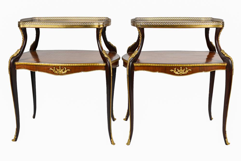 PAIR OF FRENCH STYLE TWO-TIER TEA TABLESwith