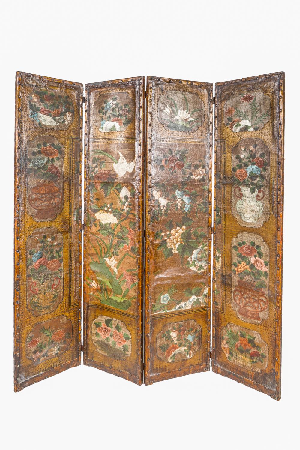 FOUR PANEL PAINTED LEATHER SCREENearly